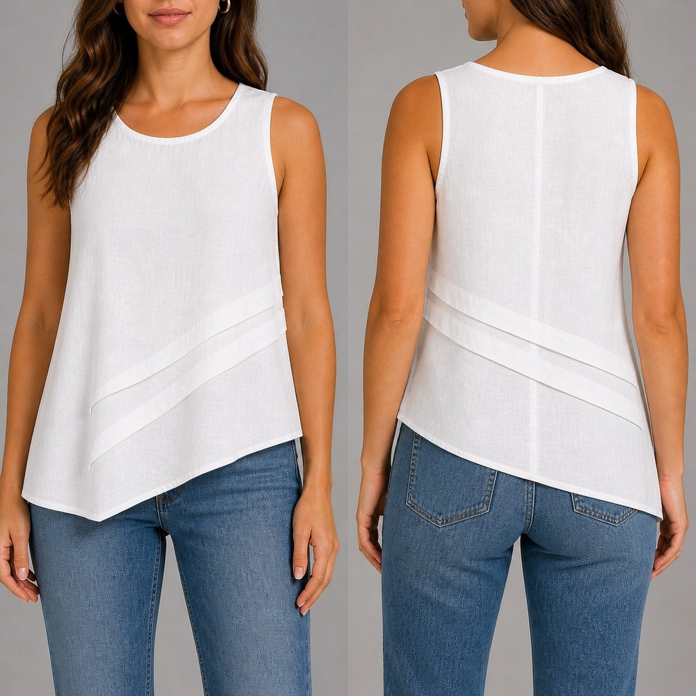 Pure Match Tank Top White 100% Linen Asymmetrical Pleated Tank Top Made in USA